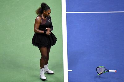 Sep 8, 2018; New York, NY, USA; Serena Williams of the United States smashes her racket during the women's final against Naomi Osaka of Japan (not pictured) on day thirteen of the 2018 U.S. Open tennis tournament at USTA Billie Jean King National Tennis Center. Mandatory Credit: Danielle Parhizkaran-USA TODAY SPORTS      TPX IMAGES OF THE DAY