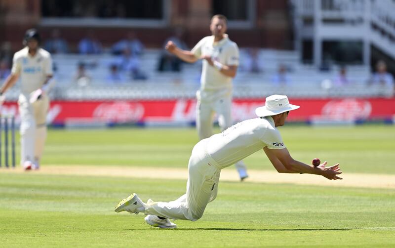 England fielder Stuart Broad drops New Zealand's Tim Southee off the bowling of Ollie Robinson. Getty