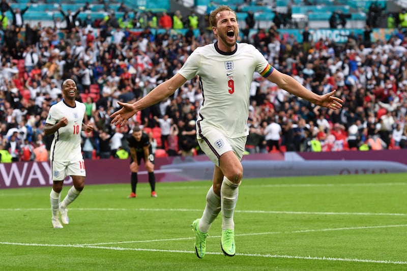 Harry Kane celebrates scoring England's second goal. AP