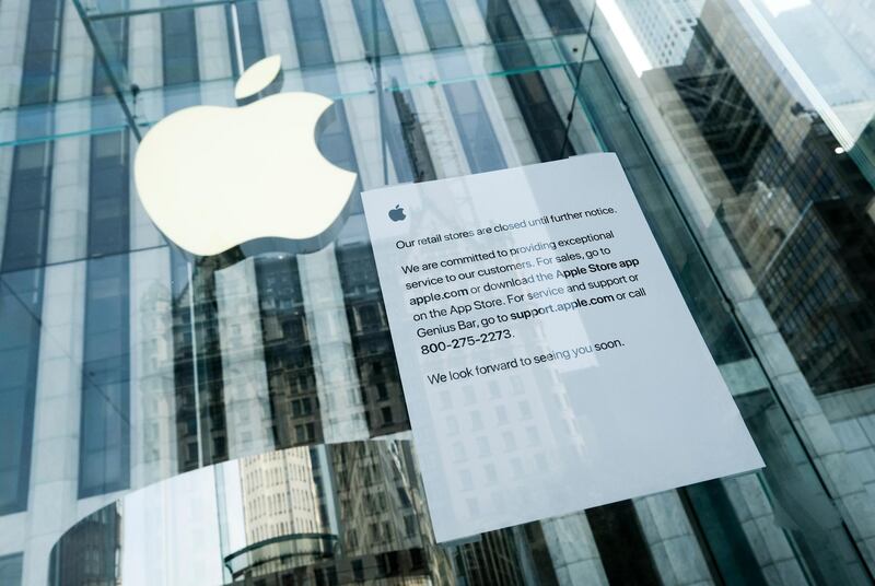 An Apple store on Fifth Avenue is closed due to coronavirus concerns, Wednesday, March 18, 2020 in New York. (Photo by Evan Agostini/Invision/AP)