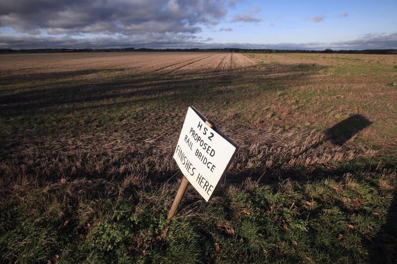 A protest placard marks the spot where a new HS2 rail bridge is proposed at the village of Middleton in Staffordshire in January 2012. Getty Images