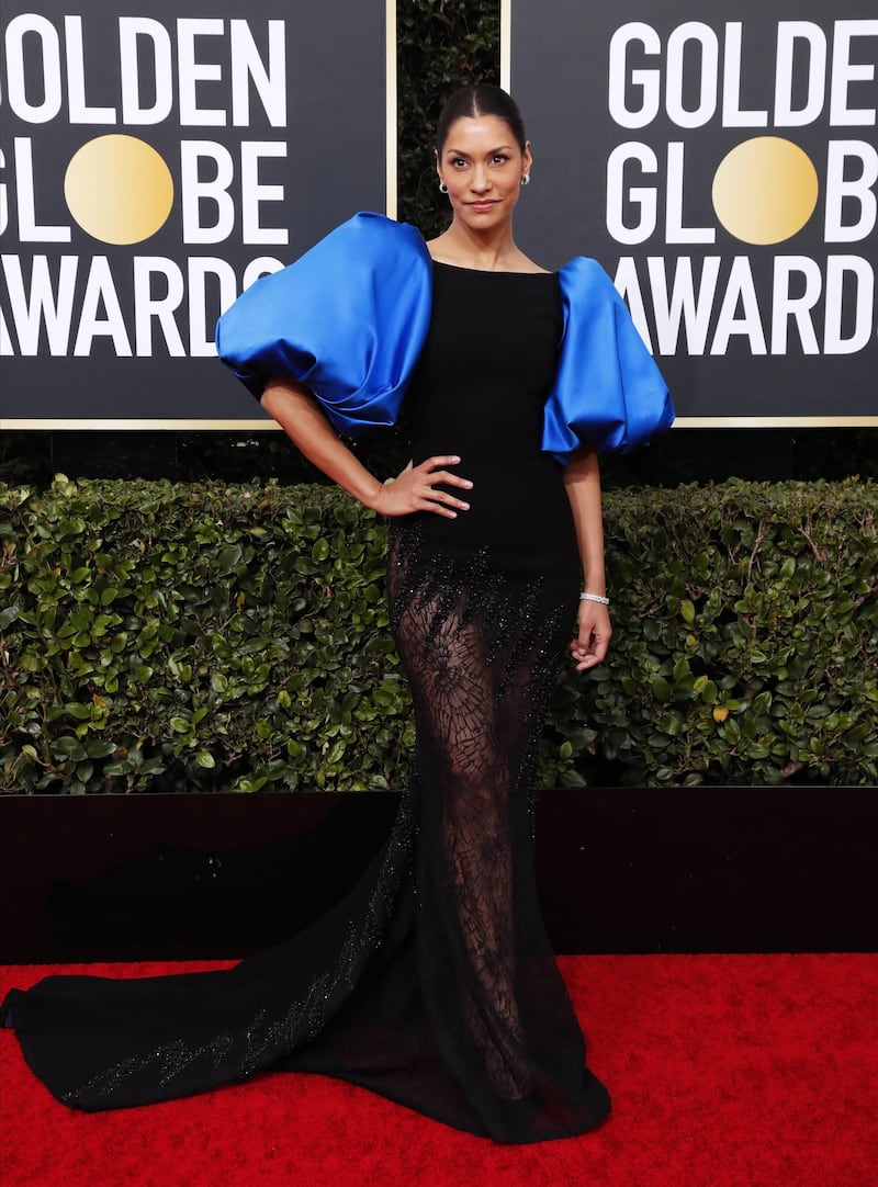 Janina Gavankar wears Georges Chakra at the 77th annual Golden Globe Awards at the Beverly Hilton Hotel on January 5, 2020. EPA