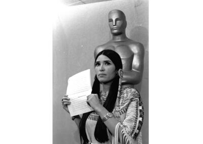 Sacheen Littlefeather appears at the Academy Awards ceremony to announce that Marlon Brando was declining his Oscar in March 1973. AP 