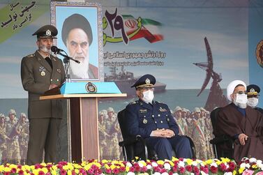 Iranian Army Commander-in-chief Abdolrahim Mousavi addresses a military parade. Iranian Army/ EPA / HO