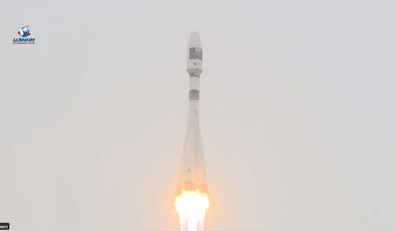 The Soyuz 2.1a rocket lifts off at 10.07am Gulf Standard Time. Roscosmos 