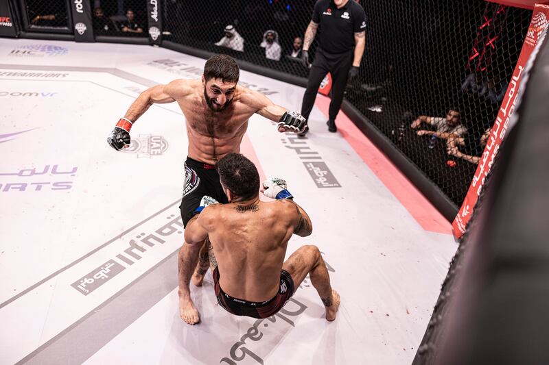 Martun Mezhulmyan sends Acoidan Duque to the canvas in the UAE Warriors 34 main event at the Al Jazira Club in Abu Dhabi on Thursday, October 2022. Photo: UAE Warriors