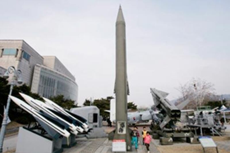 Displays of models of North Korea's Scud-B missile, center, and other South Korean missiles.  North Korea appears to be gearing up to test-fire a long-range missile.