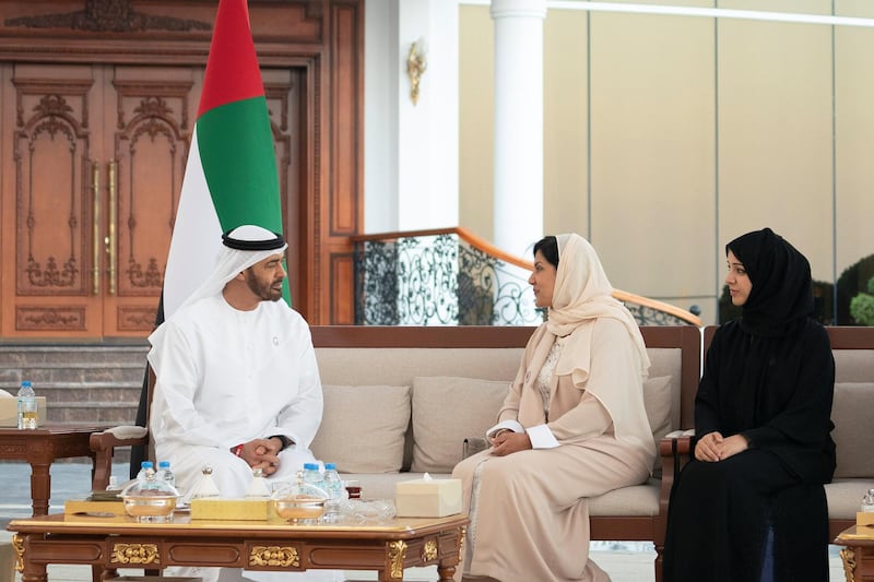 ABU DHABI, UNITED ARAB EMIRATES - December 04, 2018: HH Sheikh Mohamed bin Zayed Al Nahyan, Crown Prince of Abu Dhabi and Deputy Supreme Commander of the UAE Armed Forces (L), meets with HRH Princess Reema Bint Bandar Bin Sultan Al Saud, Undersecretary of the General Sports Authority of Saudi Arabia, President of the Saudi Federation of Community Sports? (2nd R), and HE Reem Ibrahim Al Hashimi, UAE Minister of State for International Cooperation (R), during a Sea Palace barza.
( Ryan Carter / Ministry of Presidential Affairs )
—