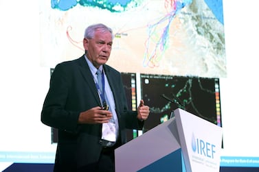 Roelof Bruintjes reveals his findings at the International Rain Enhancement Forum held at Jumeirah At Etihad Towers in Abu Dhabi. Pawan Singh / The National 