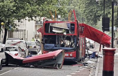 LONDON - JULY 08:  A view of the bus destroyed by a bomb in Woburn Place on July 8, 2005 in London. Up to 50 people were killed and 700 injured during morning rush hour terrorist attacks yesterday.  (Photo by Peter Macdiarmid/Getty Images)