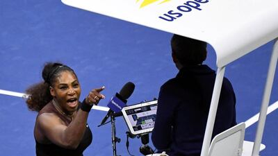 Serena Williams yells at chair umpire Carlos Ramos in the women's final against Naomi Osaka. Reuters