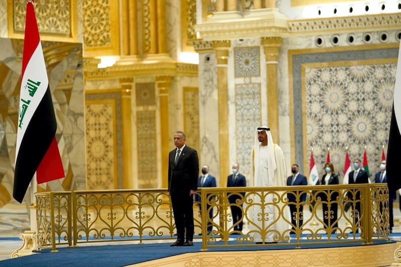 The official reception for Iraqi Prime Minister Kadhimi with Sheikh Mohamed Bin Zayed at Qasr Al Watan. Courtesy the Iraqi Prime Minister's Office