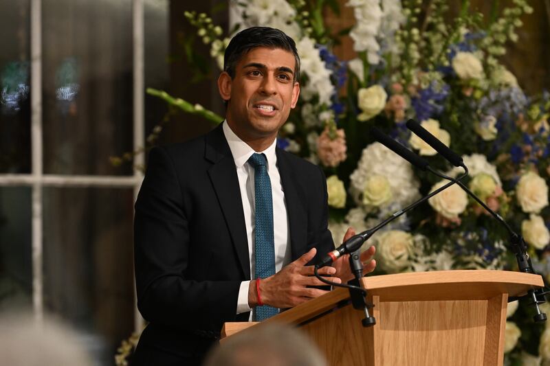 British Prime Minister Rishi Sunak gives a speech at an event marking the 25th anniversary of the Belfast/Good Friday Agreement in Belfast, Northern Ireland. Getty