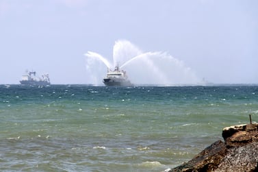 Russian naval vessels taking part in a Russia Navy Day celebration in the Syrian port of Tartus, July 2018. SANA