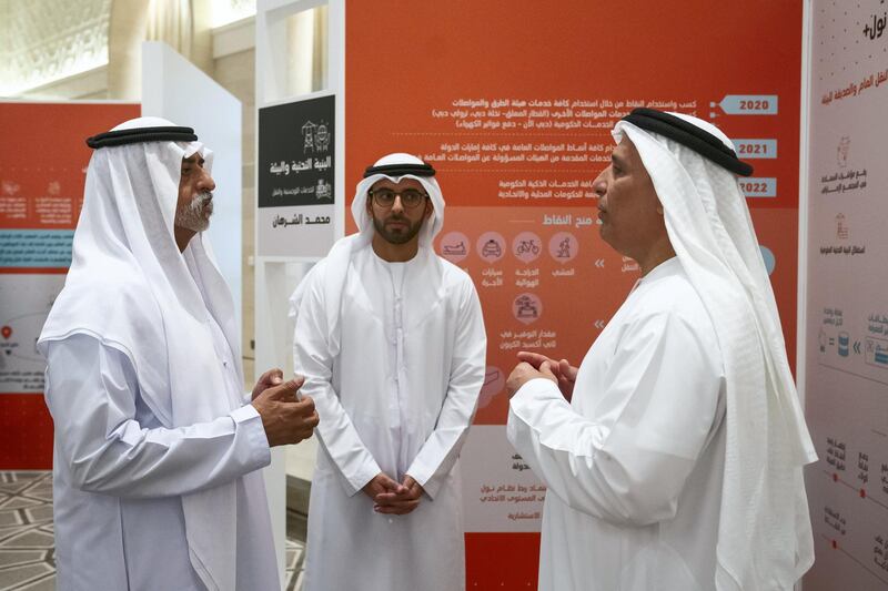 ABU DHABI, UNITED ARAB EMIRATES - November 10, 2019: HH Sheikh Nahyan bin Mubarak Al Nahyan, UAE Minister of State for Tolerance (L), speaks with Matar Al Tayer, Chairman of the Board and Executive Director of RTA (R), during a Capstone project presentation by National Experts Program, in the Vice President's wing at Qasr Al Watan. 

( Hamad Al Kaabi / Ministry of Presidential Affairs )​
---