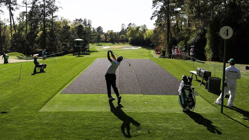 Hideki Matsuyama tees off on the fourth hole during a practice round at the 2021 Masters. EPA