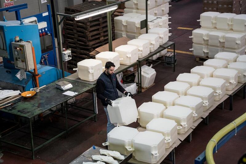 At a factory in Fondotoce at Lago Maggiore. About 200,000 high-density poly-ethylene cubes are manufactured over a period of eight months before delivery to the project site in Montecolino, January 2016 Photo: Wolfgang Volz
