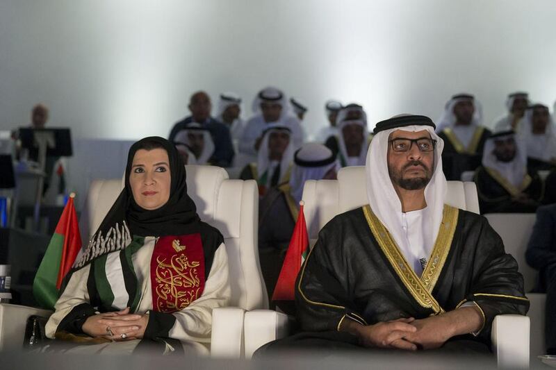 Sheikh Hamdan bin Zayed, Ruler’s Representative in the Western Region of Abu Dhabi (R) and Dr Amal Al Qubaisi, Speaker of the Federal National Council (FNC) (L) attend the 44th UAE National Day celebrations at Zayed Sports City. Mohamed Al Hammadi / Crown Prince Court - Abu Dhabi