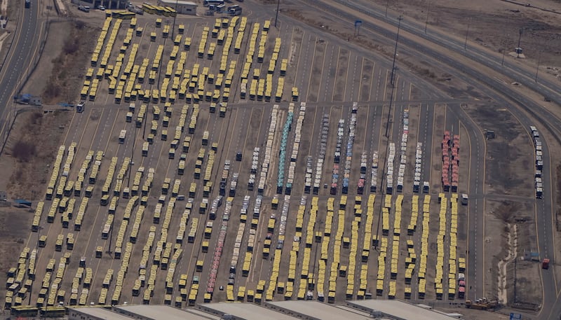 Hundreds of buses wait to carry pilgrims. AP