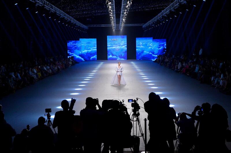 A model presents a creation by Lebanese designer Youssef Kamoun during the Designers and Brands fashion shows in Beirut, Lebanon. EPA