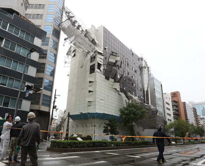Scaffolding collapsed due to strong winds generated by typhoon Jebi in Osaka, western Japan. EPA