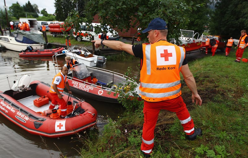 Norwegian Red Cross members searching off Utoya island on July 24 2011, two days after the shootings. July 22 will be 10 years since 77 people were killed in the terrorist attack.