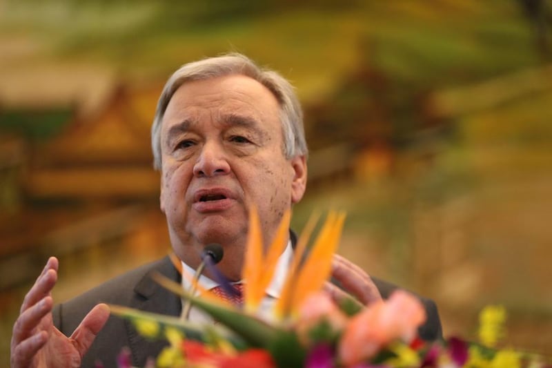 UN secretary general-Designate Antonio Guterres speaks to reporters during a press conference at the Ministry of Foreign Affairs in Beijing. How Hwee Young / EPA



