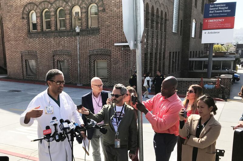 Trauma surgeon Andre Campbell speaks with reporters outside Zuckerberg San Francisco General Hospital and Trauma Center, where victims were brought. REUTERS/Heather Somerville