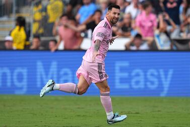 CHESTER, PENNSYLVANIA - AUGUST 15: Lionel Messi #10 of Inter Miami CF celebrates after scoring a goal in the first half during the Leagues Cup 2023 semifinals match between Inter Miami CF and Philadelphia Union at Subaru Park on August 15, 2023 in Chester, Pennsylvania.    Mitchell Leff / Getty Images / AFP (Photo by Mitchell Leff  /  GETTY IMAGES NORTH AMERICA  /  Getty Images via AFP)