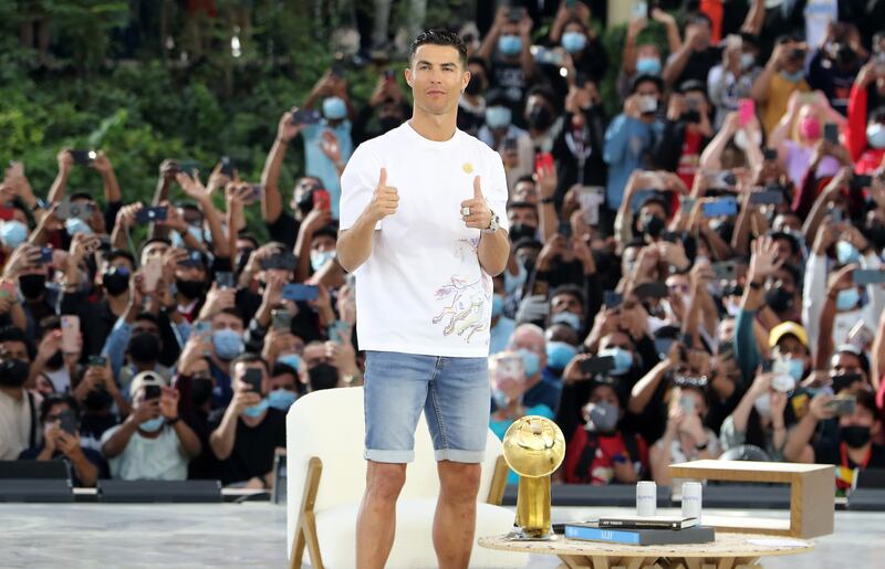 Cristiano Ronaldo was part of a Q&A session for Expo’s Health and Wellness Week at Al Wasl Plaza in February. Pawan Singh / The National