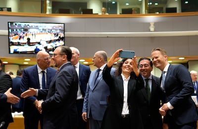 Ms Lahbib took a selfie with fellow ministers as she met her new EU colleagues for the first time. AP 