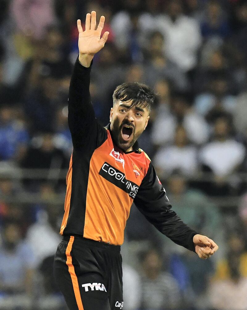 Sunrisers Hyderabad cricketer Rashid Khan appeals unsuccessfully during the 2019 Indian Premier League (IPL) Twenty20 cricket match between Mumbai Indians and Sunrisers Hyderabad at the The Wankhede Stadium cricket stadium in Mumbai on May 2, 2019. (Photo by Indranil MUKHERJEE / AFP) / ----IMAGE RESTRICTED TO EDITORIAL USE - STRICTLY NO COMMERCIAL USE----- / GETTYOUT