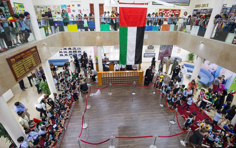 DUBAI, UNITED ARAB EMIRATES - Students from Gems Royal Dubai School celebrating UAE flag day.  Leslie Pableo for The National fro Anam Rizvi’s story