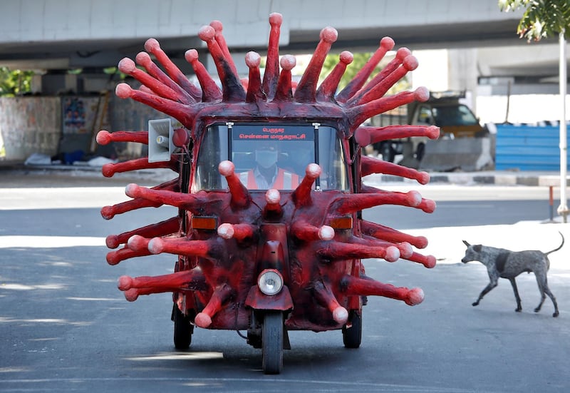 An auto-rickshaw made to resemble the coronavirus to create awareness about staying at home during a nationwide lockdown, Chennai, India, April 23. P Ravikumar/ Reuters