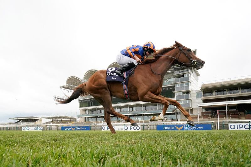 NEWMARKET, ENGLAND - JUNE 07: Ryan Moore riding Love win The Qipco 1000 Guineas Stakes at Newmarket Racecourse on June 07, 2020 in Newmarket, England. (Photo by Alan Crowhurst/Getty Images)