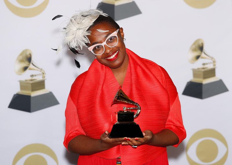Cecile McLorin Salvant poses in the press room with the Grammy for Best Jazz Vocal Album during the 60th annual Grammy Awards. EPA