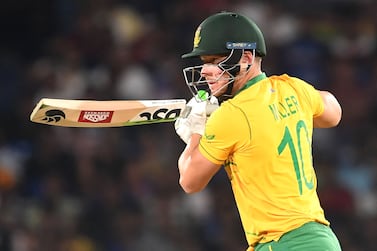 South Africa's David Miller watches the ball after playing a shot during the second Twenty20 international cricket match between India and South Africa at the Barabati Stadium in Cuttack on June 12, 2022.  (Photo by Dibyangshu SARKAR  /  AFP)  /  ----IMAGE RESTRICTED TO EDITORIAL USE - STRICTLY NO COMMERCIAL USE-----