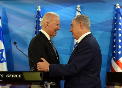 (FILES) In this file photo taken on March 09, 2016, US Vice President Joe Biden and Israeli Prime Minister Benjamin Netanyahu shake hands while giving joint statements at the prime minister's office in Jerusalem.   President Joe Biden will talk "soon" with Israeli Prime Minister Benjamin Netanyahu but has no "specific" plan to do so yet, the White House said on February 11, 2021, underlining an apparent distancing in the key relationship.

 / AFP / POOL / DEBBIE HILL
