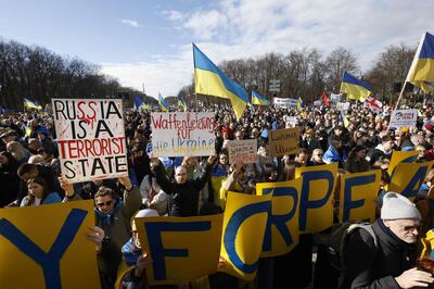 Demonstrators in Berlin, Germany, take part in a rally in support of Ukraine. AFP