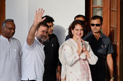 Rahul Gandhi, senior leader of India's main opposition Congress Party, and his sister Priyanka Gandhi attend a meeting of the INDIA opposition alliance in New Delhi on Wednesday. Reuters