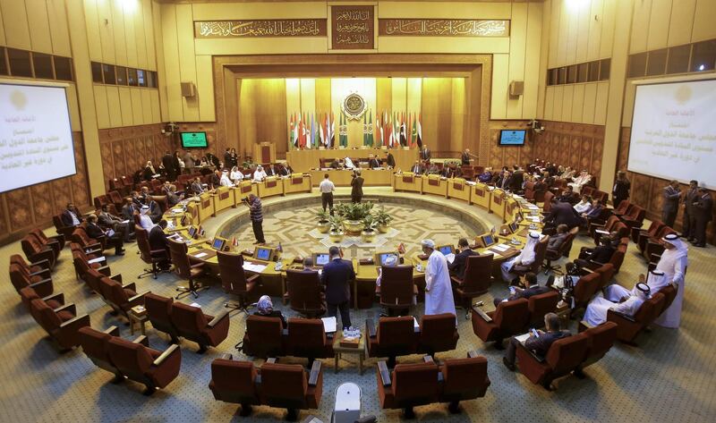 A picture taken on May 16, 2018 shows a general view of the meeting of the permanent delegates of Arab League during extra-ordinary emergency session held at the League's headquarters in the Egyptian capital Cairo, to discuss what it has called Washington's "illegal" relocation of its embassy to the disputed city of Jerusalem.  / AFP / MOHAMED EL-SHAHED
