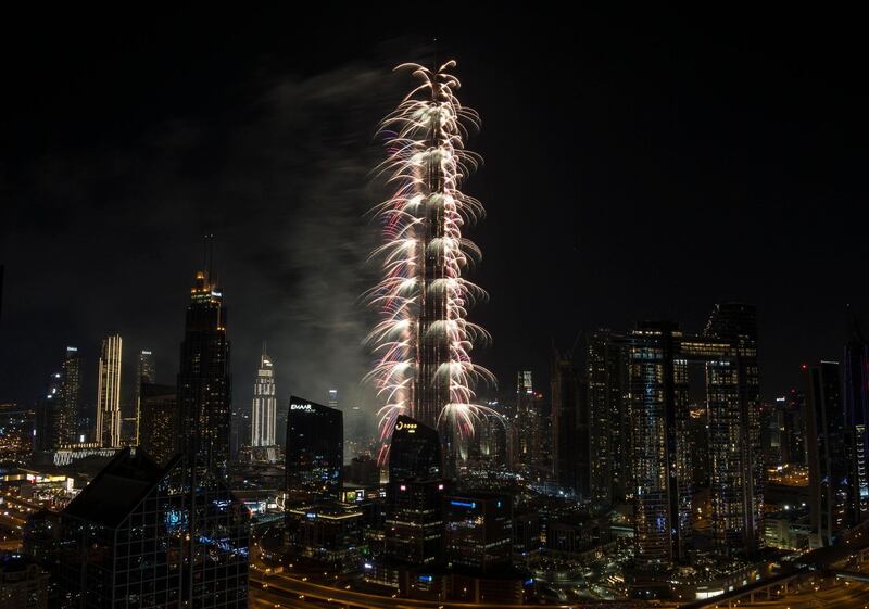 Dubai, United Arab Emirates - Burj Khalifa's New Year's eve fireworks taken from Shangri-La Hotel's roof top. Ruel Pableo for The National