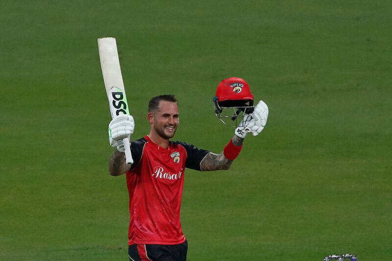 Alex Hales of Desert Vipers celebrates after scoring a century during the DP World International League T20 match against Abu Dhabi Knight Riders at the Zayed Cricket Stadium, Abu Dhabi, on Friday, January 20, 2023. Photo: ILT20/ CREIMAS