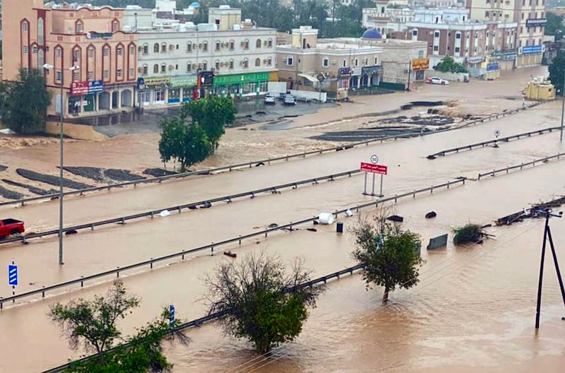A flooded street in Al Khaburah. Photo: AP