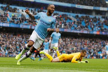 Raheem Sterling celebrates scoring the first of Manchester City's three goals against Aston Villa. Reuters