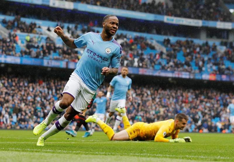 Soccer Football - Premier League - Manchester City v Aston Villa - Etihad Stadium, Manchester, Britain - October 26, 2019  Manchester City's Raheem Sterling celebrates scoring their first goal       REUTERS/Phil Noble  EDITORIAL USE ONLY. No use with unauthorized audio, video, data, fixture lists, club/league logos or "live" services. Online in-match use limited to 75 images, no video emulation. No use in betting, games or single club/league/player publications.  Please contact your account representative for further details.