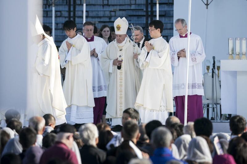 NAGASAKI, JAPAN - NOVEMBER 24: Pope Francis leaves the stage after a Holy Mass at Nagasaki Baseball Stadium on November 24, 2019 in Nagasaki, Japan. Pope Francis is making only the second ever Papal visit to Japan and is scheduled to visit Hiroshima and Tokyo where he will meet with newly-enthroned Emperor Naruhito and Prime Minister Abe and also hold Mass at Tokyo Dome after Nagasaki. (Photo by Tomohiro Ohsumi/Getty Images)