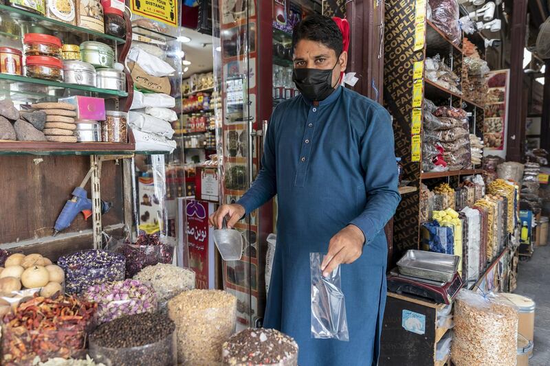 Deira spice souk shop keeper Mohammed Naseem on June 22st, 2021. 
Antonie Robertson / The National.
Reporter: Sarwat Nasir for National