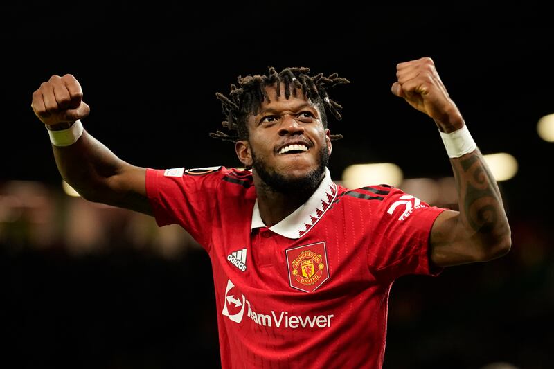 Fred celebrates after his teammate Antony scores his United's second goal. AP
