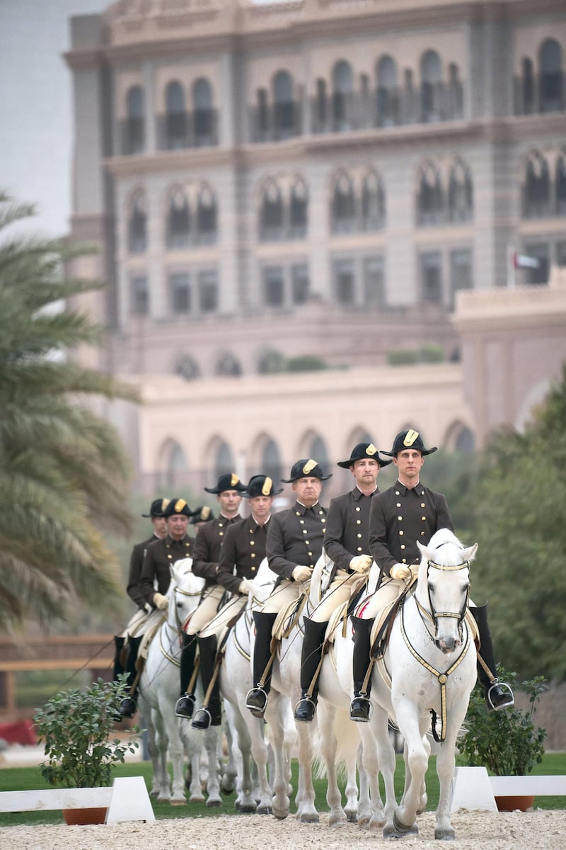 ABU DHABI, UNITED ARAB EMIRATES - March 23, 2019: Riders from the Spanish Riding School of Vienna, perform during a live equestrian show at Emirates Palace.

( Ryan Carter / Ministry of Presidential Affairs )
---